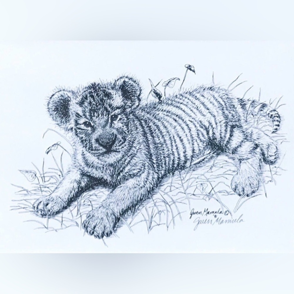 Signed Vintage Gwen Mamula Art Print w Matte Baby Tiger Cub Wildlife Safari Cute
